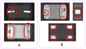 Examples of components with corrosion and contamination are automatically detected by the AI algorithm that exceeds 10% of the lead’s width. (A) Contamination of leads, (B) Corrosion of leads.