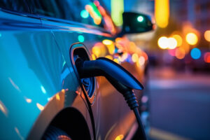 Closeup electric car, charger or city in eco friendly transport, green energy or AI generated travel.